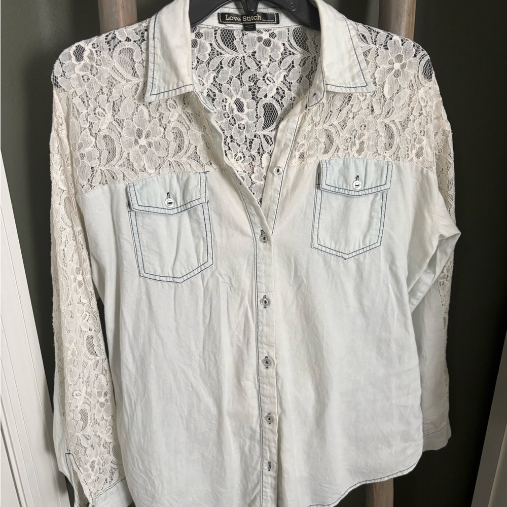 Love Stitch Full Back Lace Shirt Denim Button-Up Long Sleeve with Pockets Small
